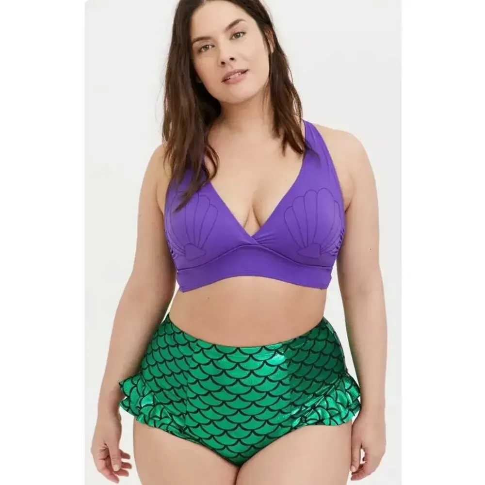 Disney Princess Ariel Bikini Set Purple Shell Top Green Scale High Waisted Sz 1x - Picture 14 of 14